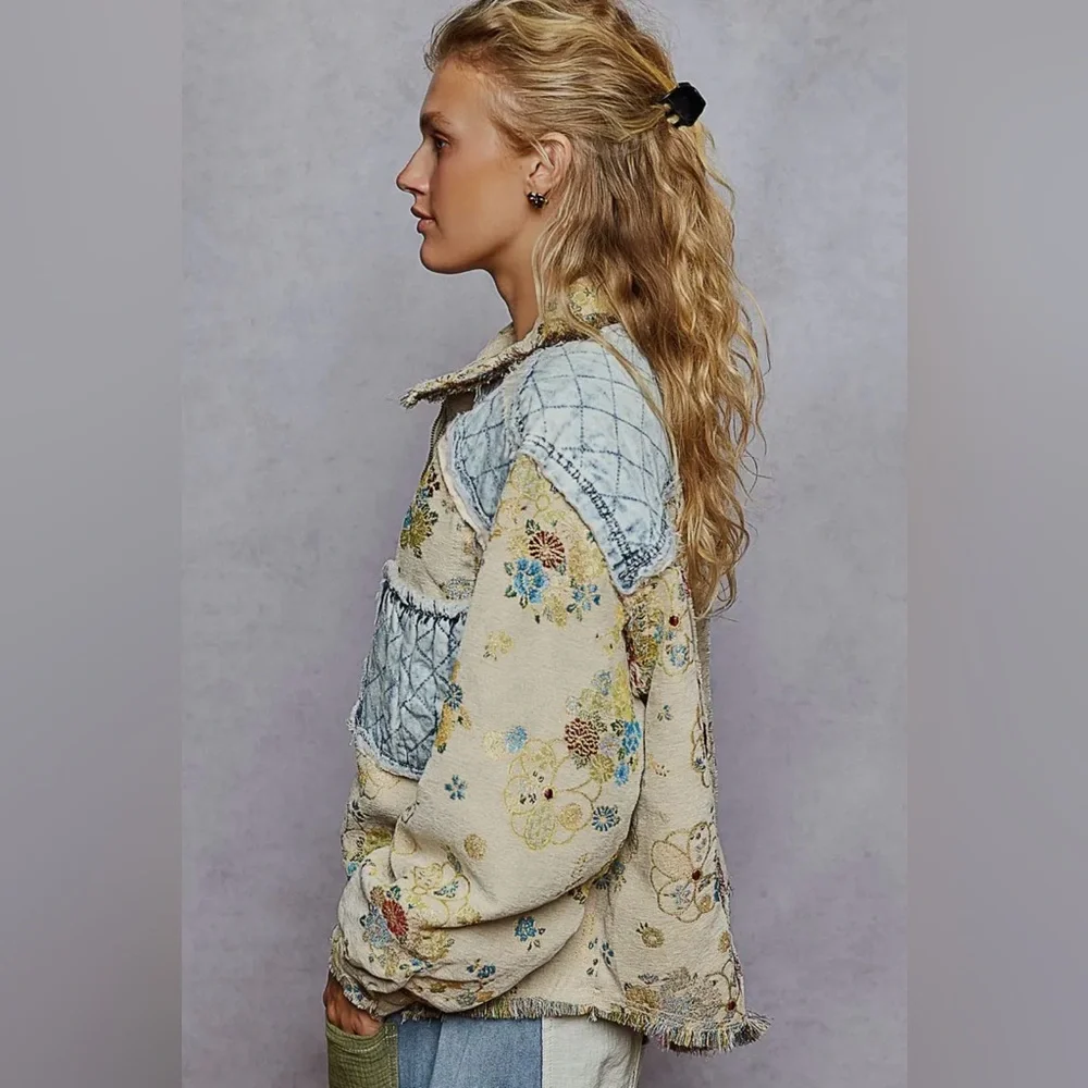 POL denim quilted tapestry floral patchwork jacquard boho pullover jacket coat - Picture 4 of 5